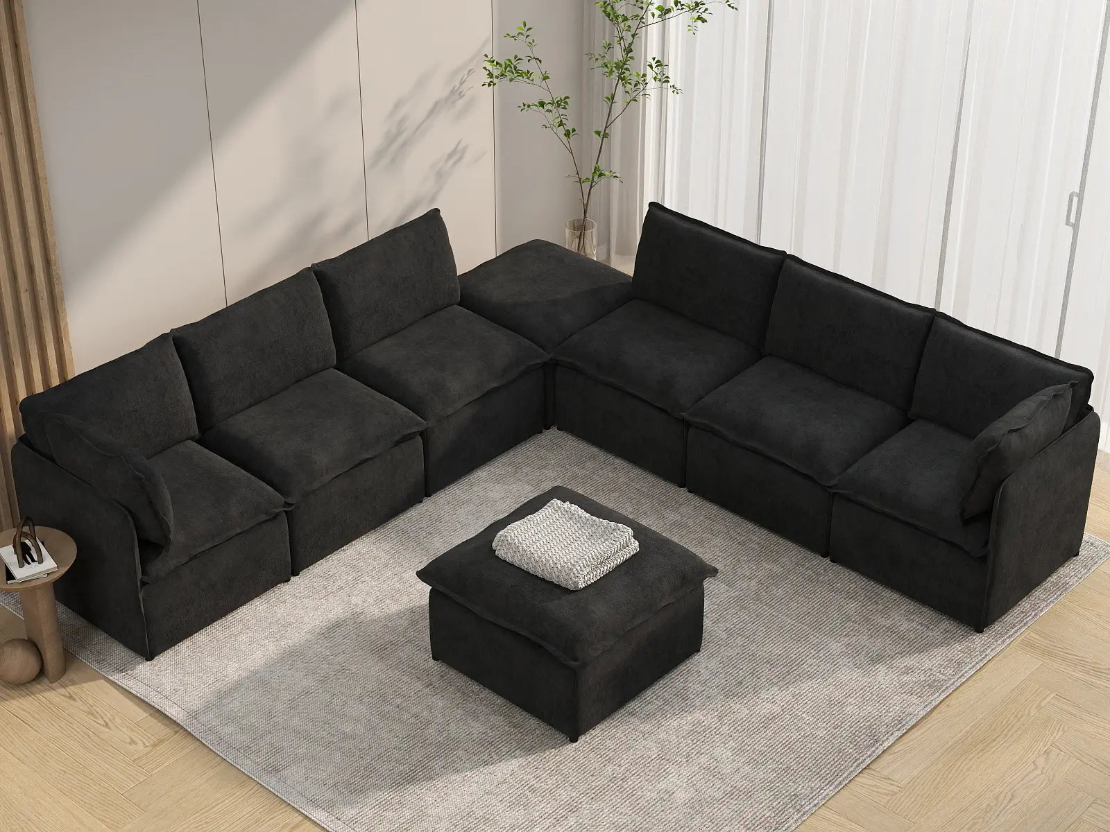 Deluxe Cloud 6-Seater Black Sofa Set | 8-Piece (Includes 2 Ottomans), Linen Look Poly Fabric, Washable Cushion Covers