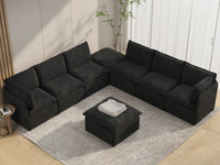 Deluxe Cloud 6-Seater Black Sofa Set | 8-Piece (Includes 2 Ottomans), Linen Look Poly Fabric, Washable Cushion Covers