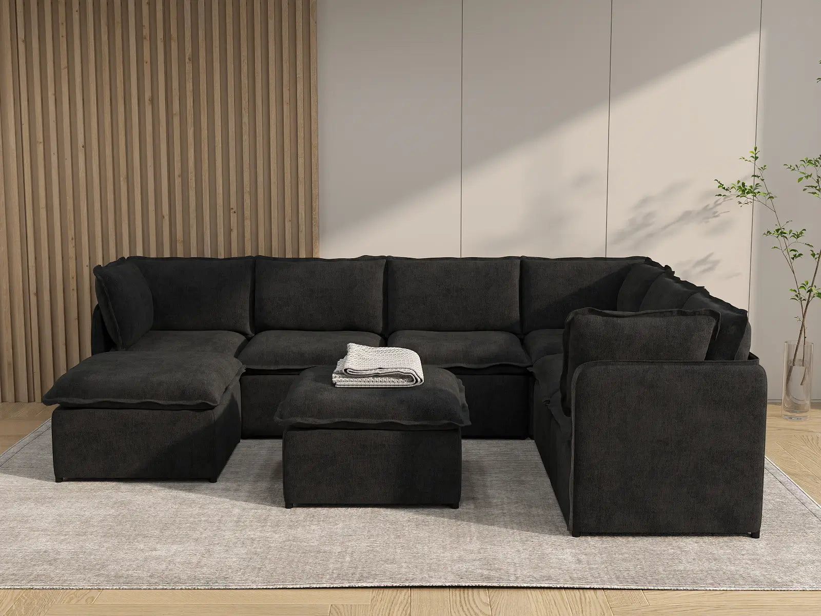 Deluxe Cloud 6-Seater Black Sofa Set | 8-Piece (Includes 2 Ottomans), Linen Look Poly Fabric, Washable Cushion Covers