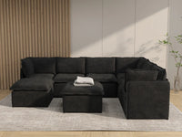 Deluxe Cloud 6-Seater Black Sofa Set | 8-Piece (Includes 2 Ottomans), Linen Look Poly Fabric, Washable Cushion Covers