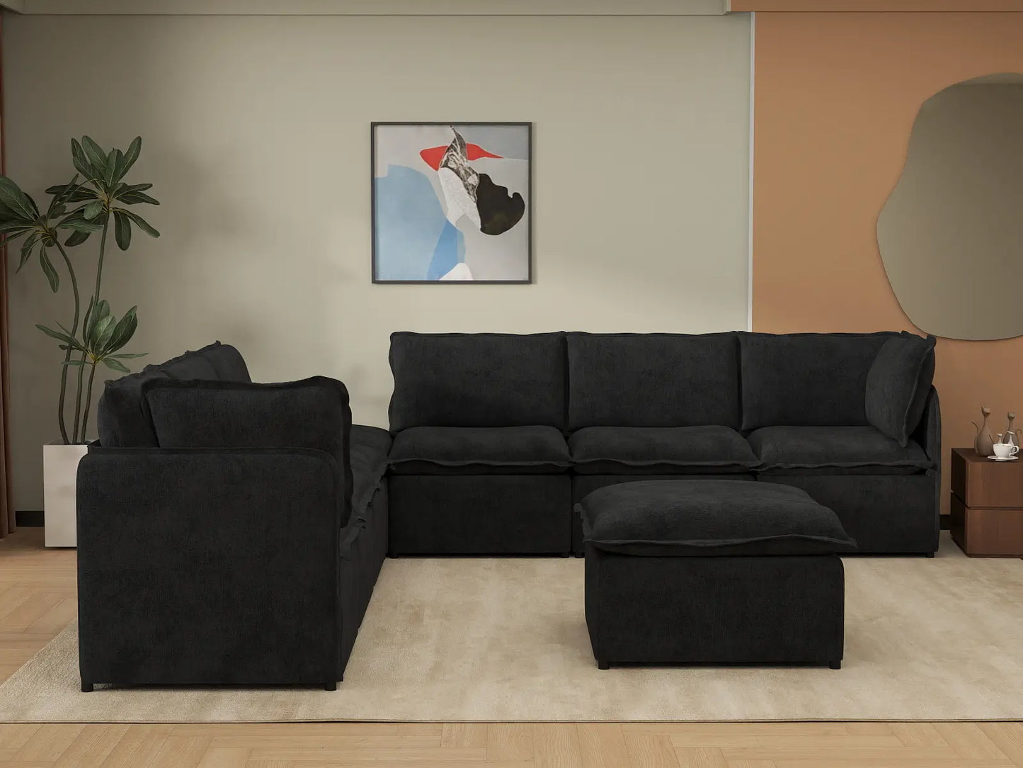 Deluxe Cloud 6-Seater Black Sofa Set | 8-Piece (Includes 2 Ottomans), Linen Look Poly Fabric, Washable Cushion Covers