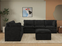 Deluxe Cloud 6-Seater Black Sofa Set | 8-Piece (Includes 2 Ottomans), Linen Look Poly Fabric, Washable Cushion Covers