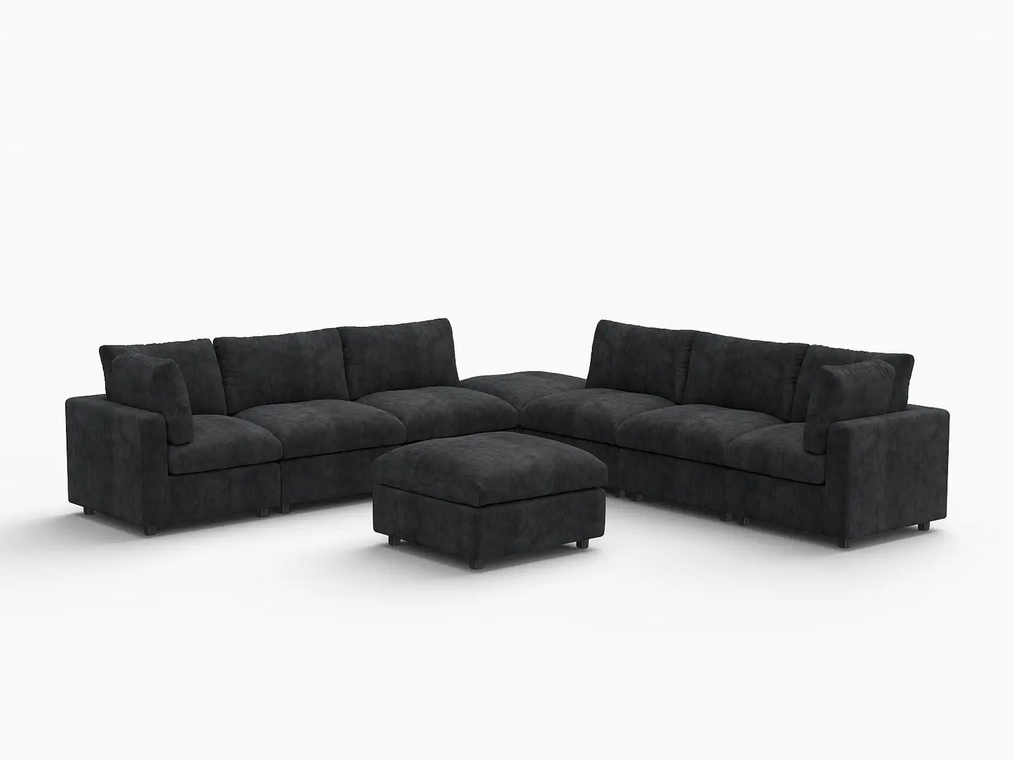 Juego de sofá de 6 plazas Deluxe Cloud negro | 8 piezas (incluye 2 otomanas), tela de chenilla mezcla de lino, fundas de cojín lavables
