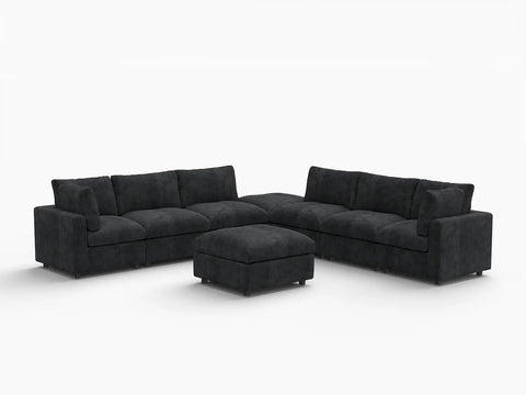 Lounge Cloud Sectional Sofa Covers | Black Linen-Blend Chenille Sofa Cover for 6-Seater with 2-Ottomans