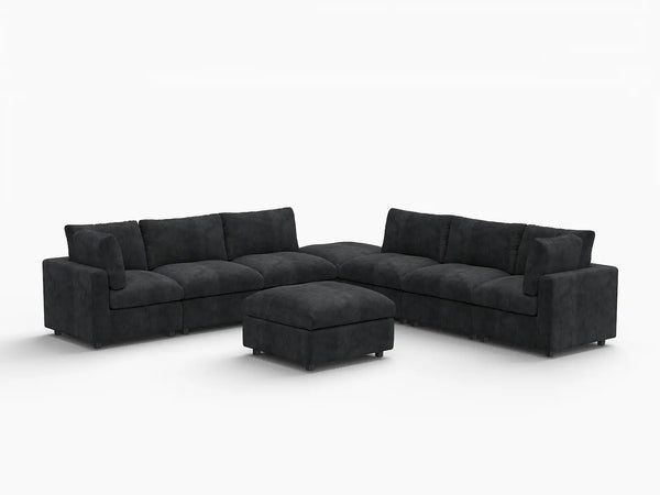 Fundas de sofá seccional Lounge Cloud | Funda de sofá de chenilla de mezcla de lino negro para 6 asientos con 2 otomanas