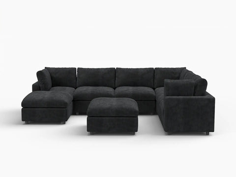 Lounge Cloud Sectional Sofa Covers | Black Linen-Blend Chenille Sofa Cover for 6-Seater with 2-Ottomans