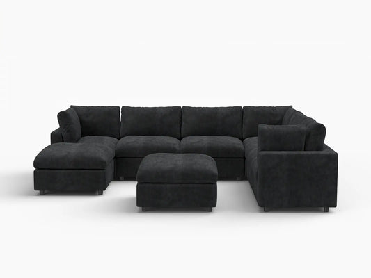 Fundas de sofá seccional Lounge Cloud | Funda de sofá de chenilla de mezcla de lino negro para 6 plazas con 2 otomanas