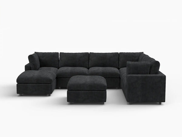 Fundas de sofá seccional Lounge Cloud | Funda de sofá de chenilla de mezcla de lino negro para 6 plazas con 2 otomanas