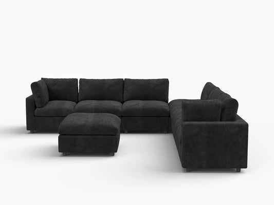 Lounge Cloud Sectional Sofa Covers | Black Linen-Blend Chenille Sofa Cover for 6-Seater with 2-Ottomans