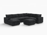 Juego de sofás de lujo de 6 plazas en negro Cloud | 8 piezas (incluye 2 otomanas), tejido de chenilla con mezcla de lino, fundas de cojín lavables