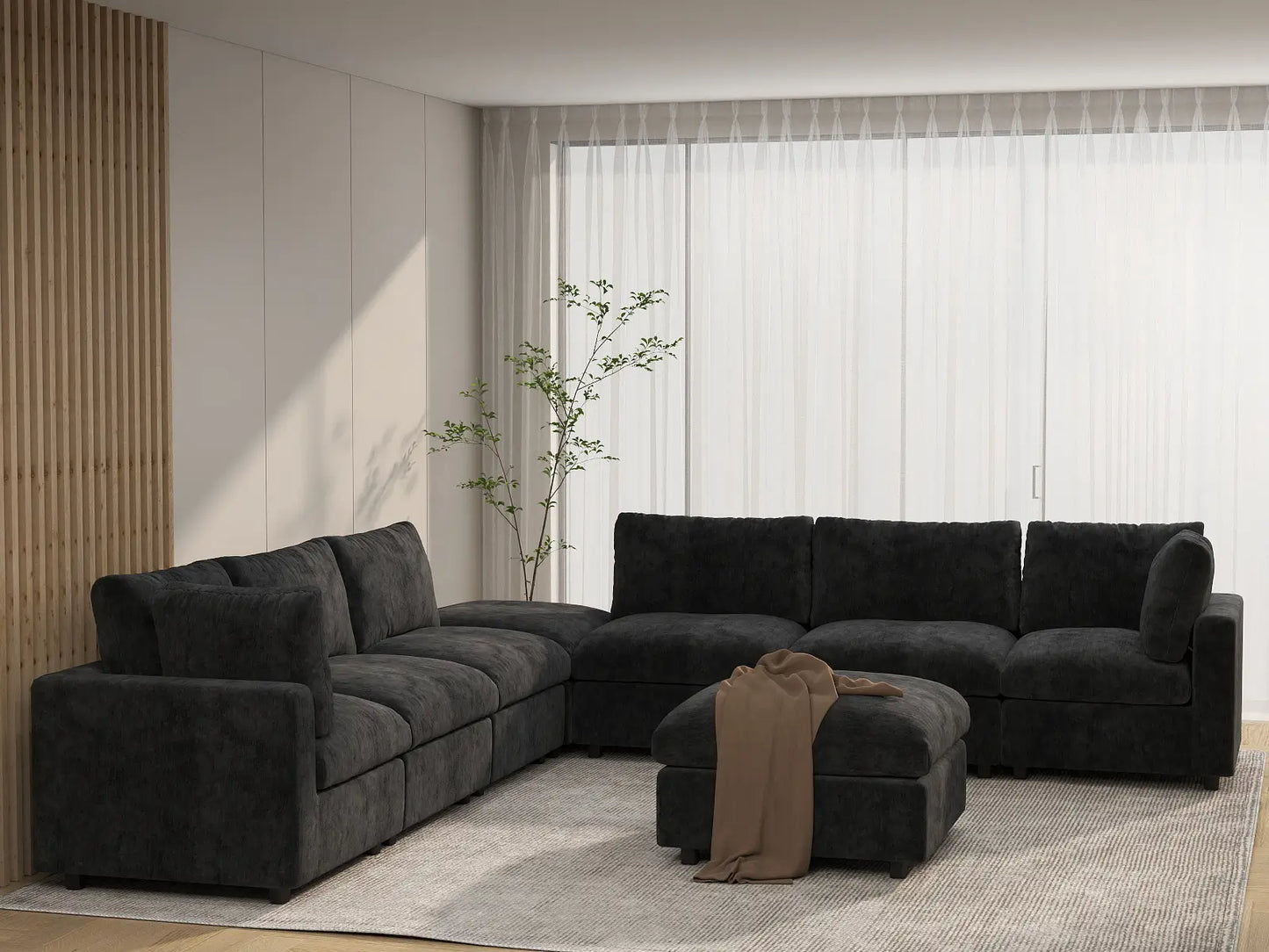 Juego de sofá de 6 plazas Deluxe Cloud negro | 8 piezas (incluye 2 otomanas), tela de chenilla mezcla de lino, fundas de cojín lavables