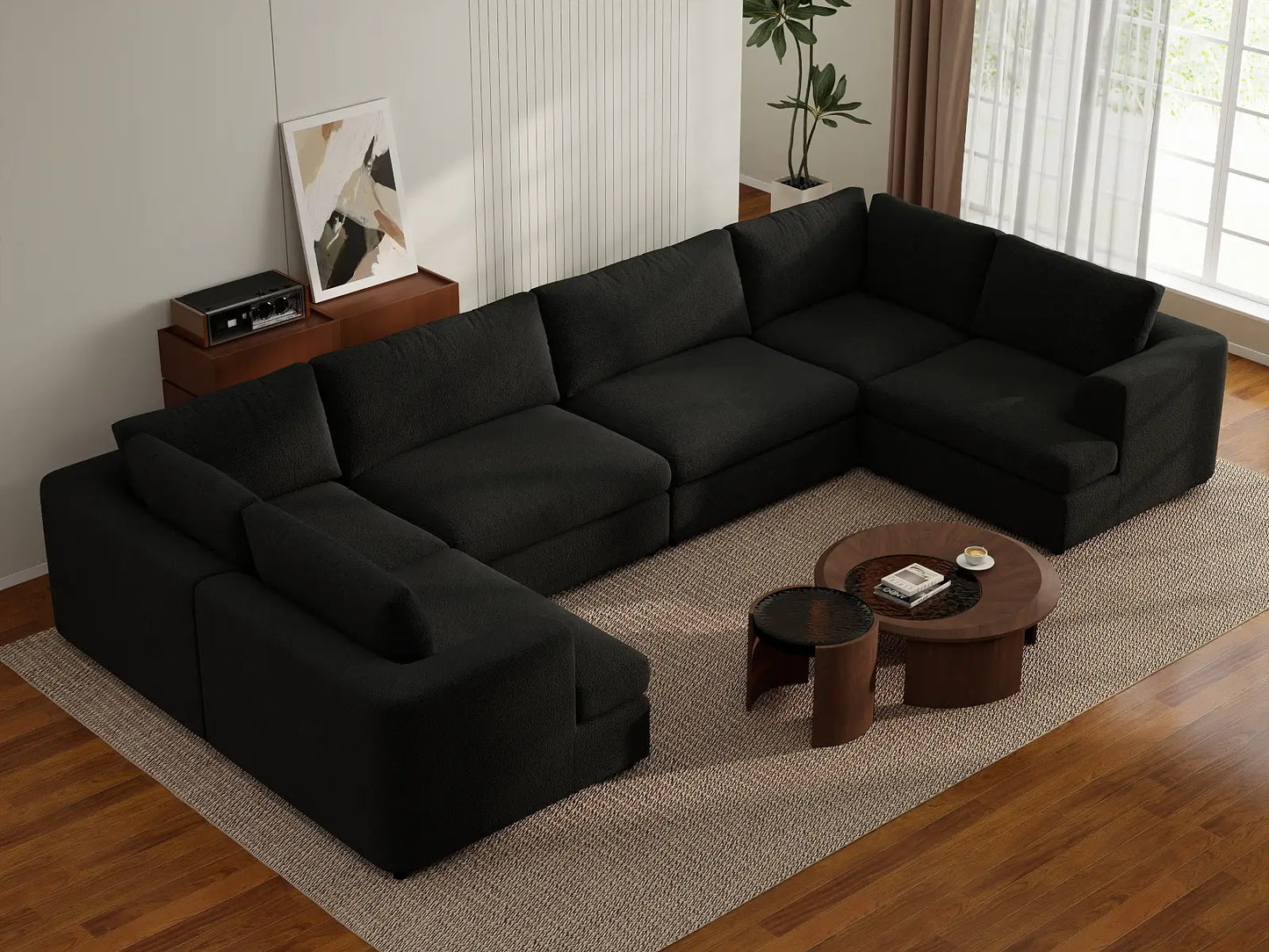 Deluxe Cloud 6-Seater Black U-Shaped Sectional | 6-Piece, Bouclé Sherpa-Like Fabric, Washable Cushion Covers