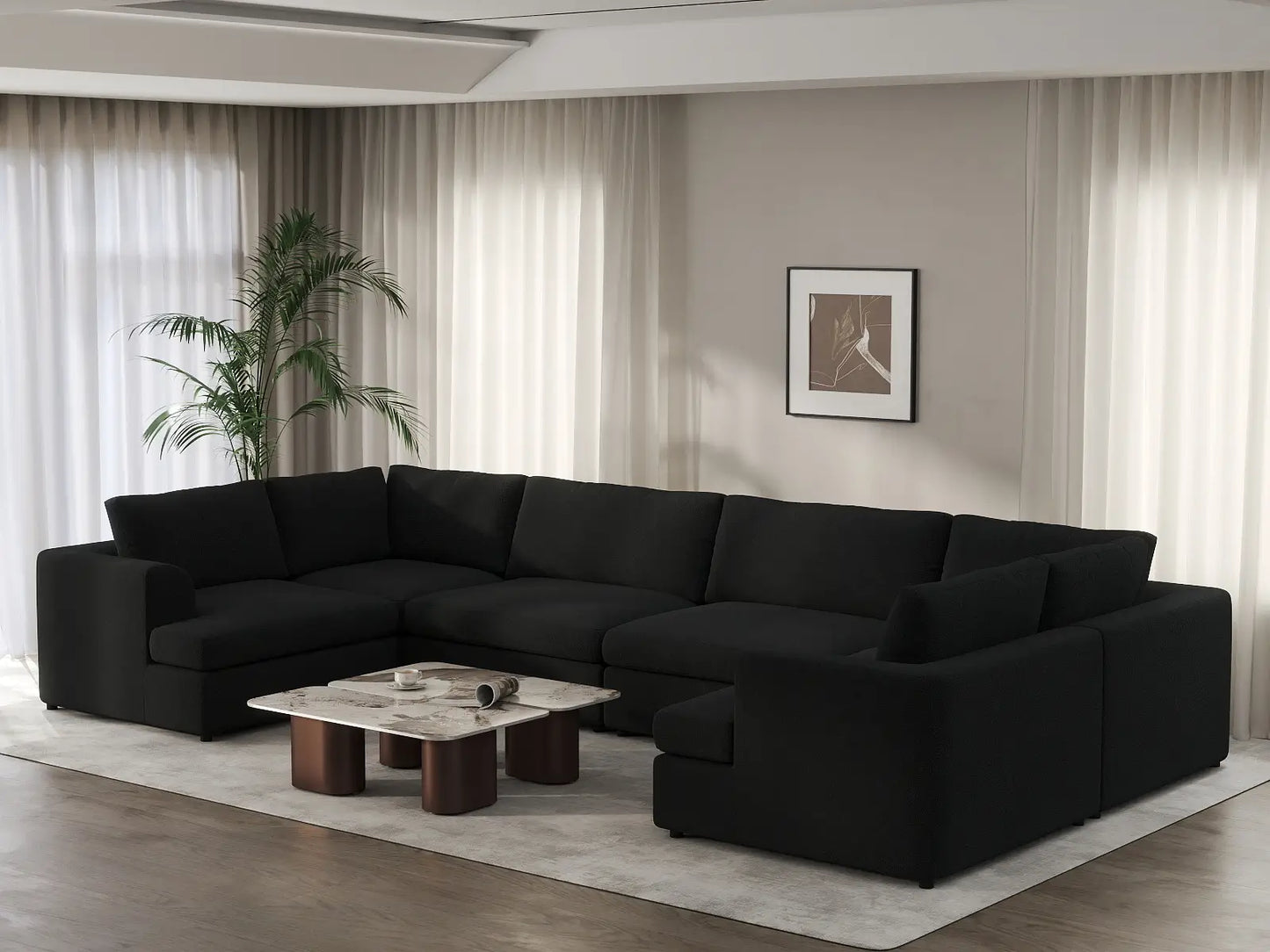 Deluxe Cloud 6-Seater Black U-Shaped Sectional | 6-Piece, Bouclé Sherpa-Like Fabric, Washable Cushion Covers