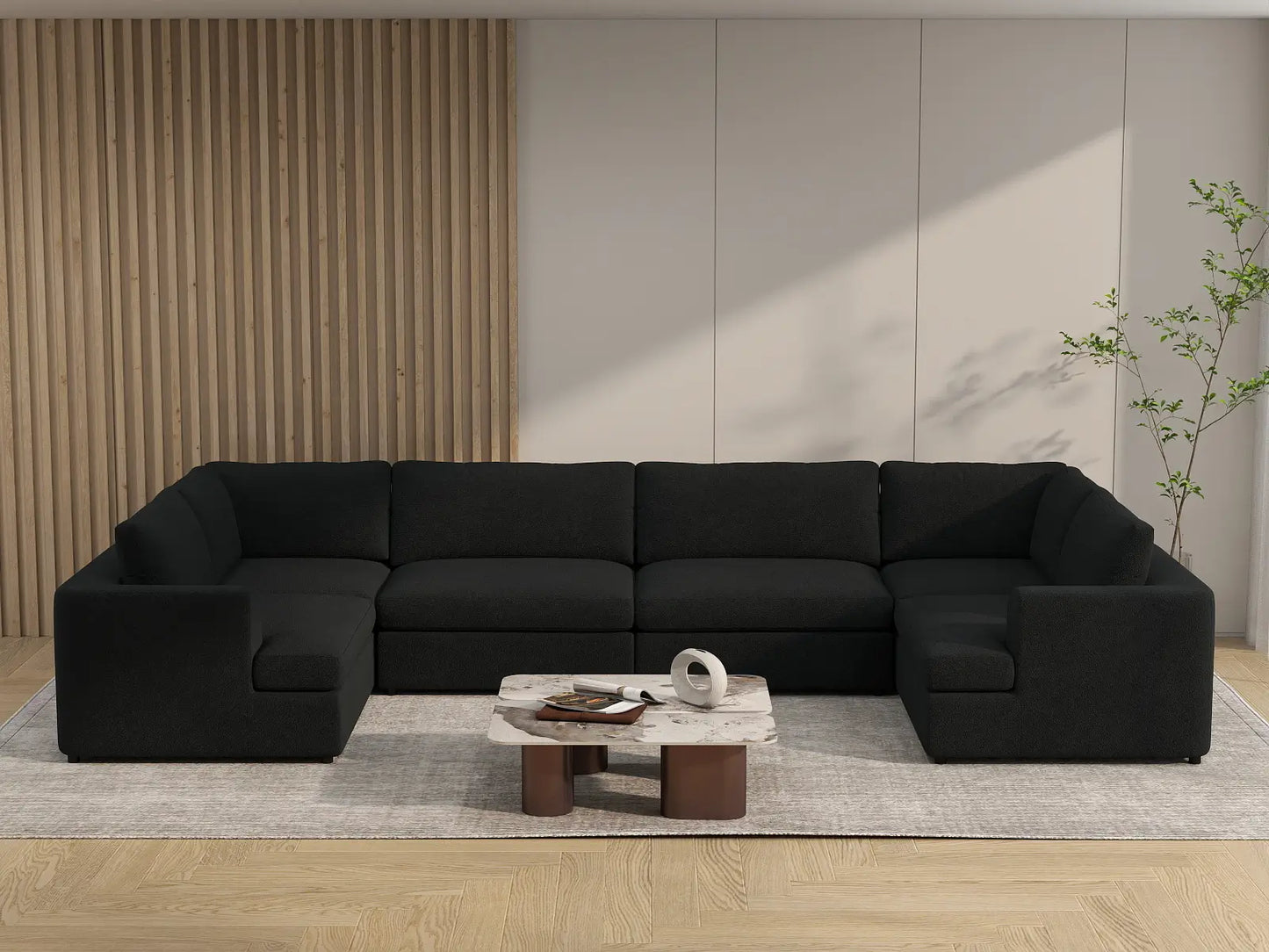 Deluxe Cloud 6-Seater Black U-Shaped Sectional | 6-Piece, Bouclé Sherpa-Like Fabric, Washable Cushion Covers