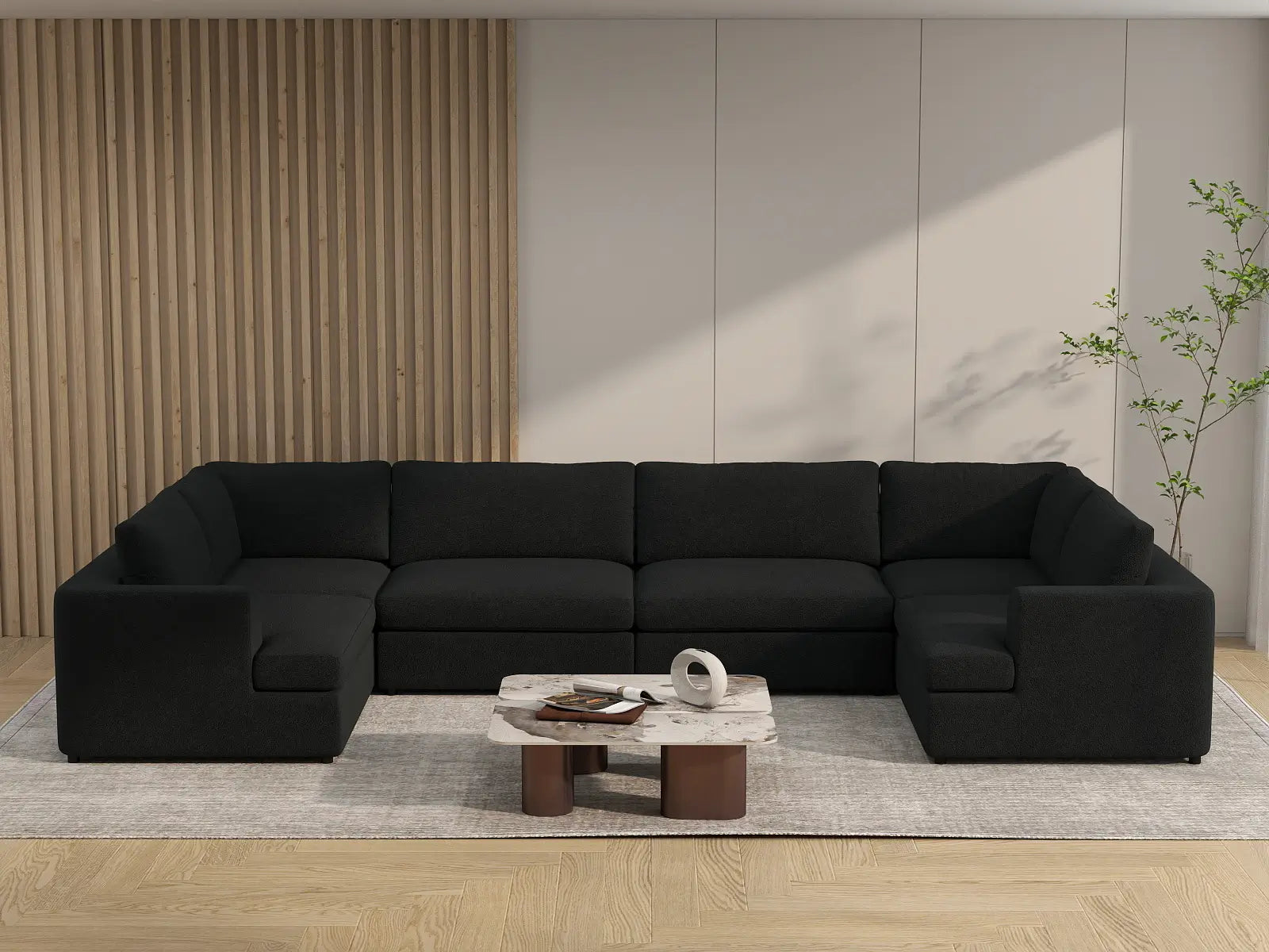Deluxe Cloud 6-Seater Black U-Shaped Sectional | 6-Piece, Bouclé Sherpa-Like Fabric, Washable Cushion Covers