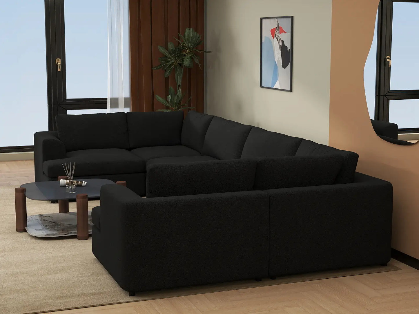 Deluxe Cloud 6-Seater Black U-Shaped Sectional | 6-Piece, Bouclé Sherpa-Like Fabric, Washable Cushion Covers