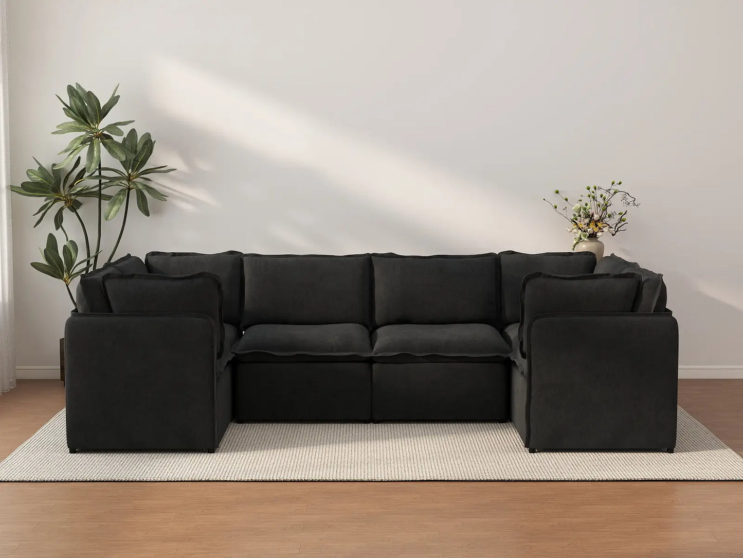 Deluxe Cloud 6-Seater Black U-Shaped Sectional | 6-Piece, Linen Look Poly Fabric, Washable Cushion Covers