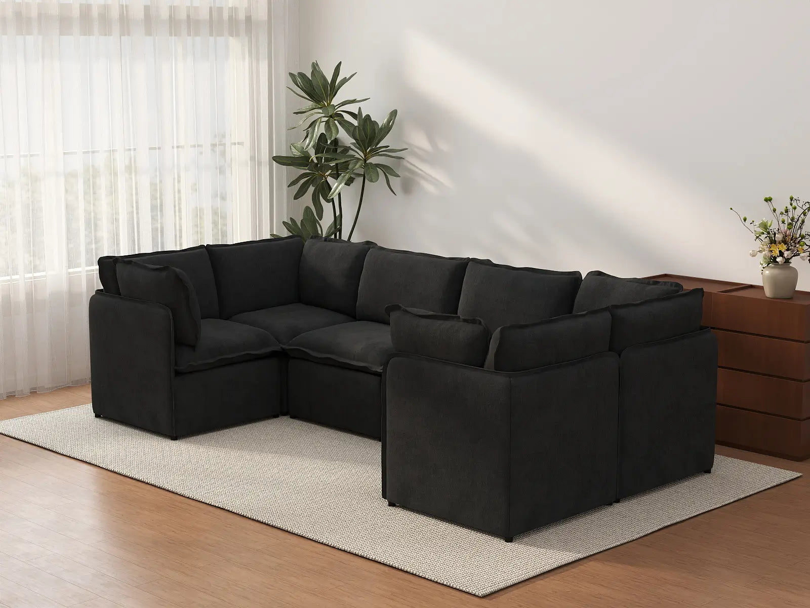 Deluxe Cloud 6-Seater Black U-Shaped Sectional | 6-Piece, Linen Look Poly Fabric, Washable Cushion Covers
