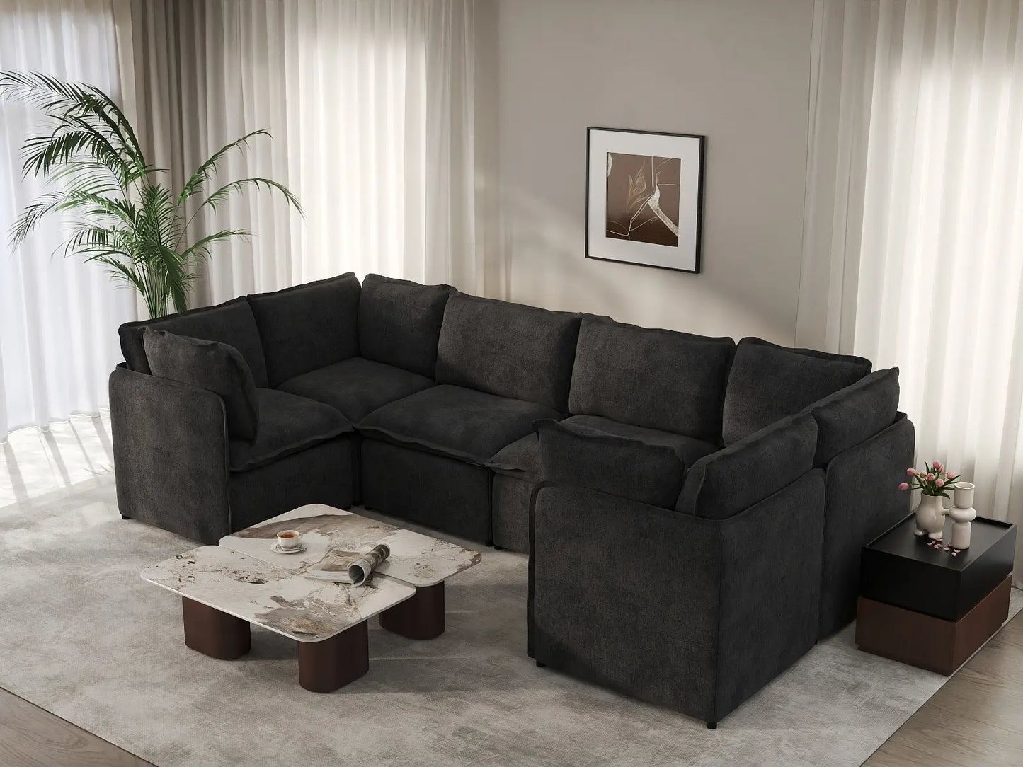 Deluxe Cloud 6-Seater Black U-Shaped Sectional | 6-Piece, Linen Look Poly Fabric, Washable Cushion Covers