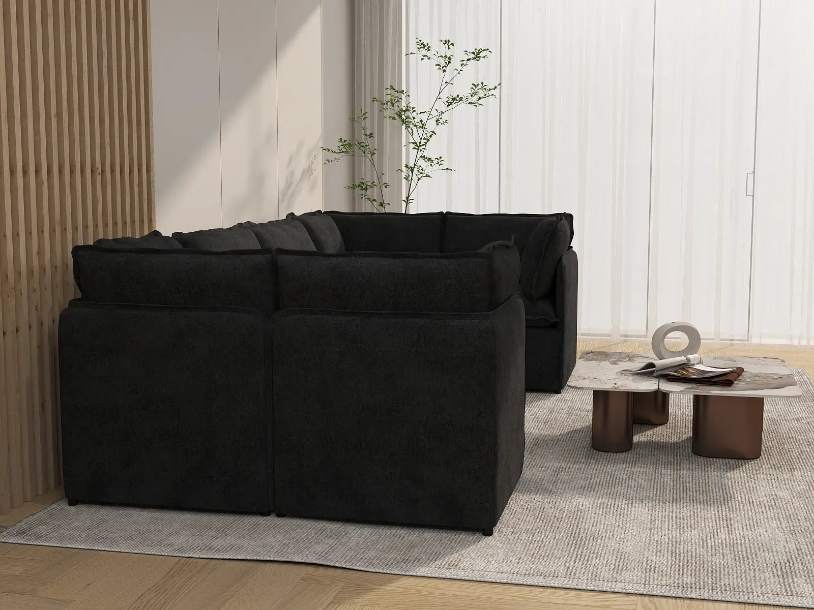 Deluxe Cloud 6-Seater Black U-Shaped Sectional | 6-Piece, Linen Look Poly Fabric, Washable Cushion Covers