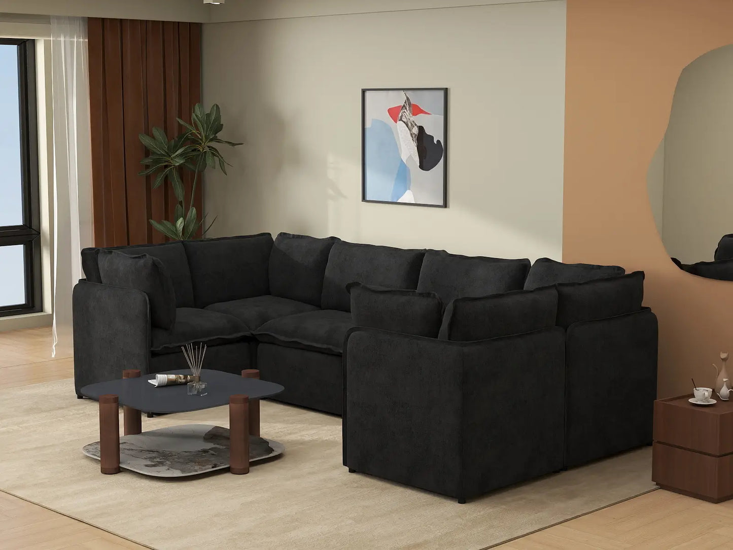 Deluxe Cloud 6-Seater Black U-Shaped Sectional | 6-Piece, Linen Look Poly Fabric, Washable Cushion Covers