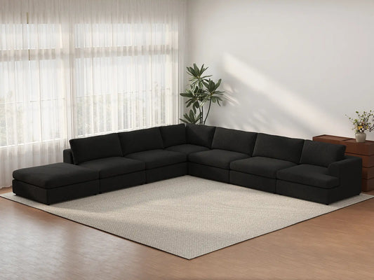 Seccional en forma de V Deluxe Cloud de 6 asientos, negro | 7 piezas (incluye 1 otomana), tejido bouclé tipo sherpa, fundas de cojín lavables