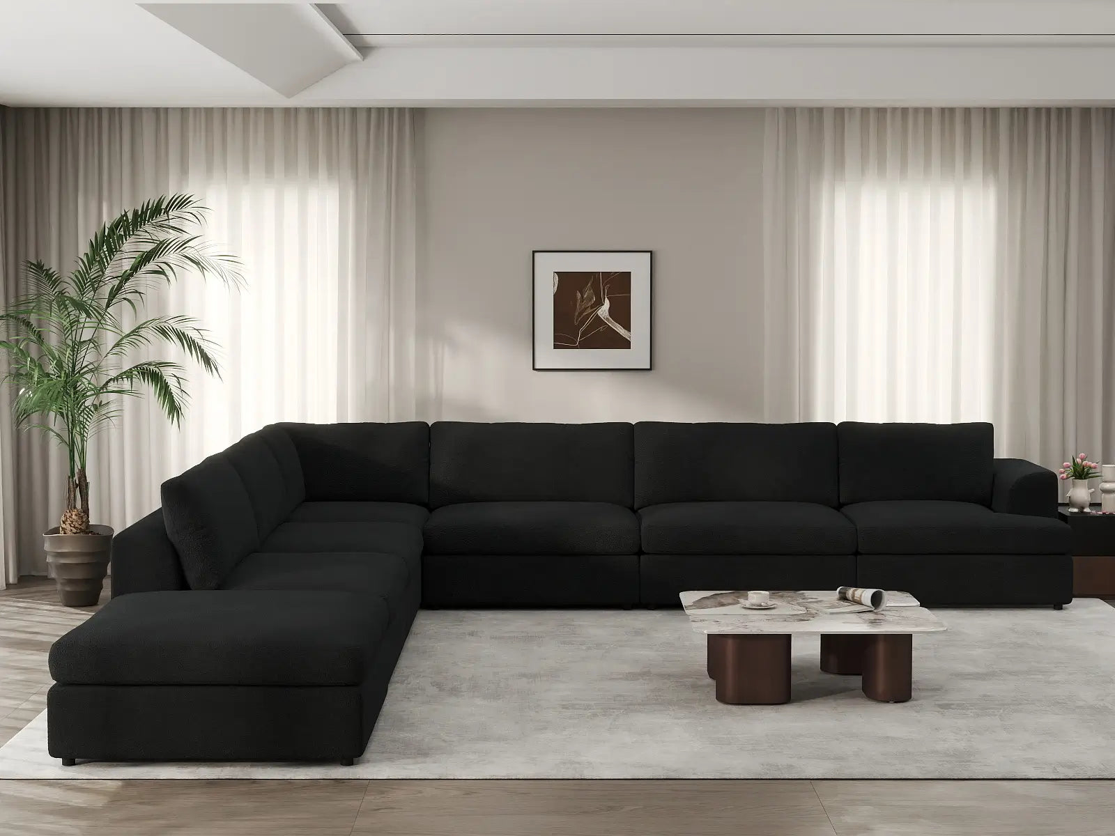 Deluxe Cloud 6-Seater Black V-Shaped Sectional | 7-Piece (Includes 1 Ottoman), Bouclé Sherpa-Like Fabric, Washable Cushion Covers