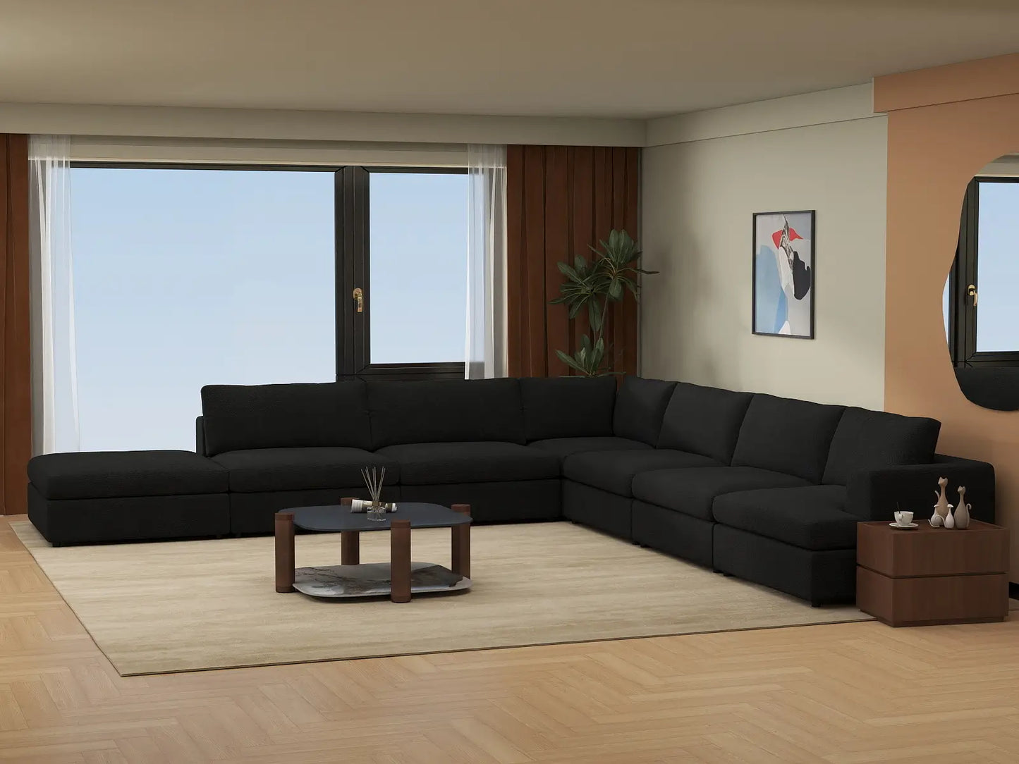 Deluxe Cloud 6-Seater Black V-Shaped Sectional | 7-Piece (Includes 1 Ottoman), Bouclé Sherpa-Like Fabric, Washable Cushion Covers