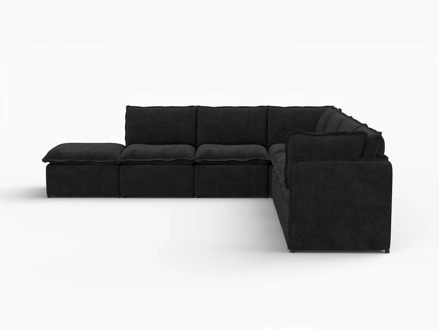 Deluxe Cloud 6-Seater Black V-Shaped Sectional | 7-Piece (Includes 1 Ottoman), Linen Look Poly Fabric, Washable Cushion Covers