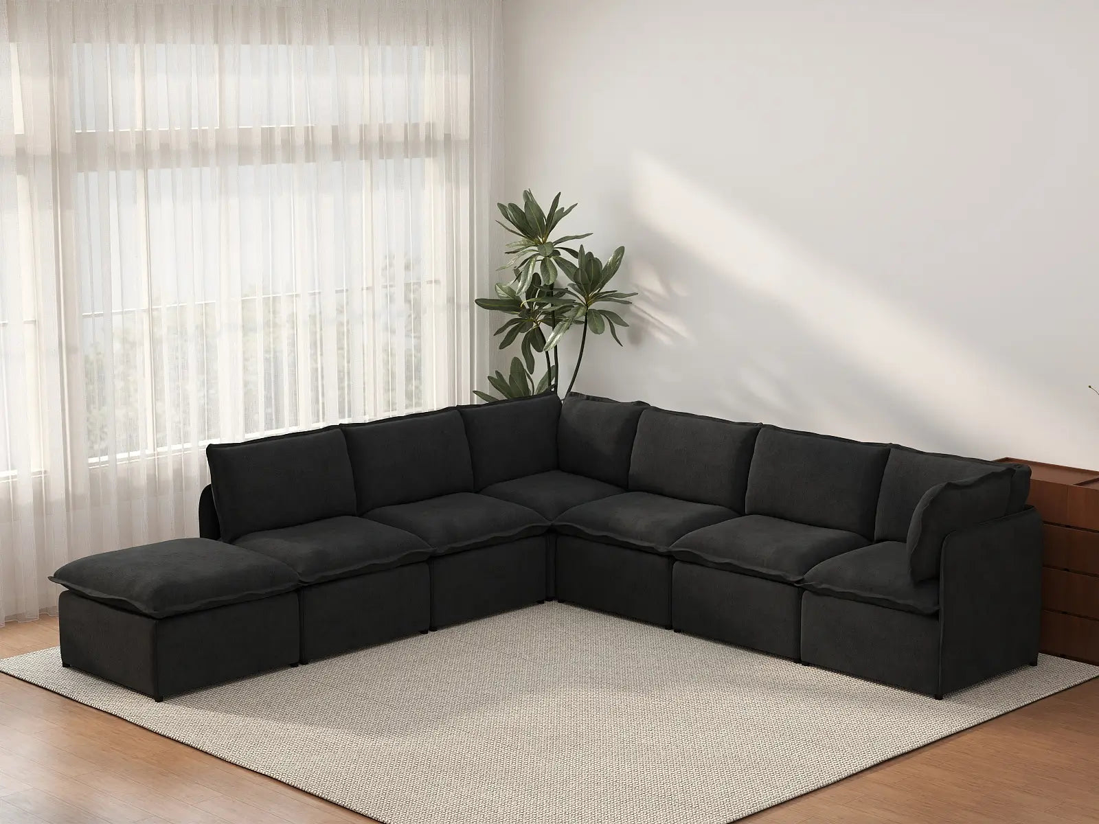 Deluxe Cloud 6-Seater Black V-Shaped Sectional | 7-Piece (Includes 1 Ottoman), Linen Look Poly Fabric, Washable Cushion Covers