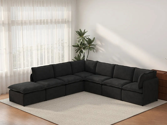 Deluxe Cloud 6-Seater Black V-Shaped Sectional | 7-Piece (Includes 1 Ottoman), Linen Look Poly Fabric, Washable Cushion Covers