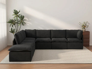 Deluxe Cloud 6-Seater Black V-Shaped Sectional | 7-Piece (Includes 1 Ottoman), Linen Look Poly Fabric, Washable Cushion Covers