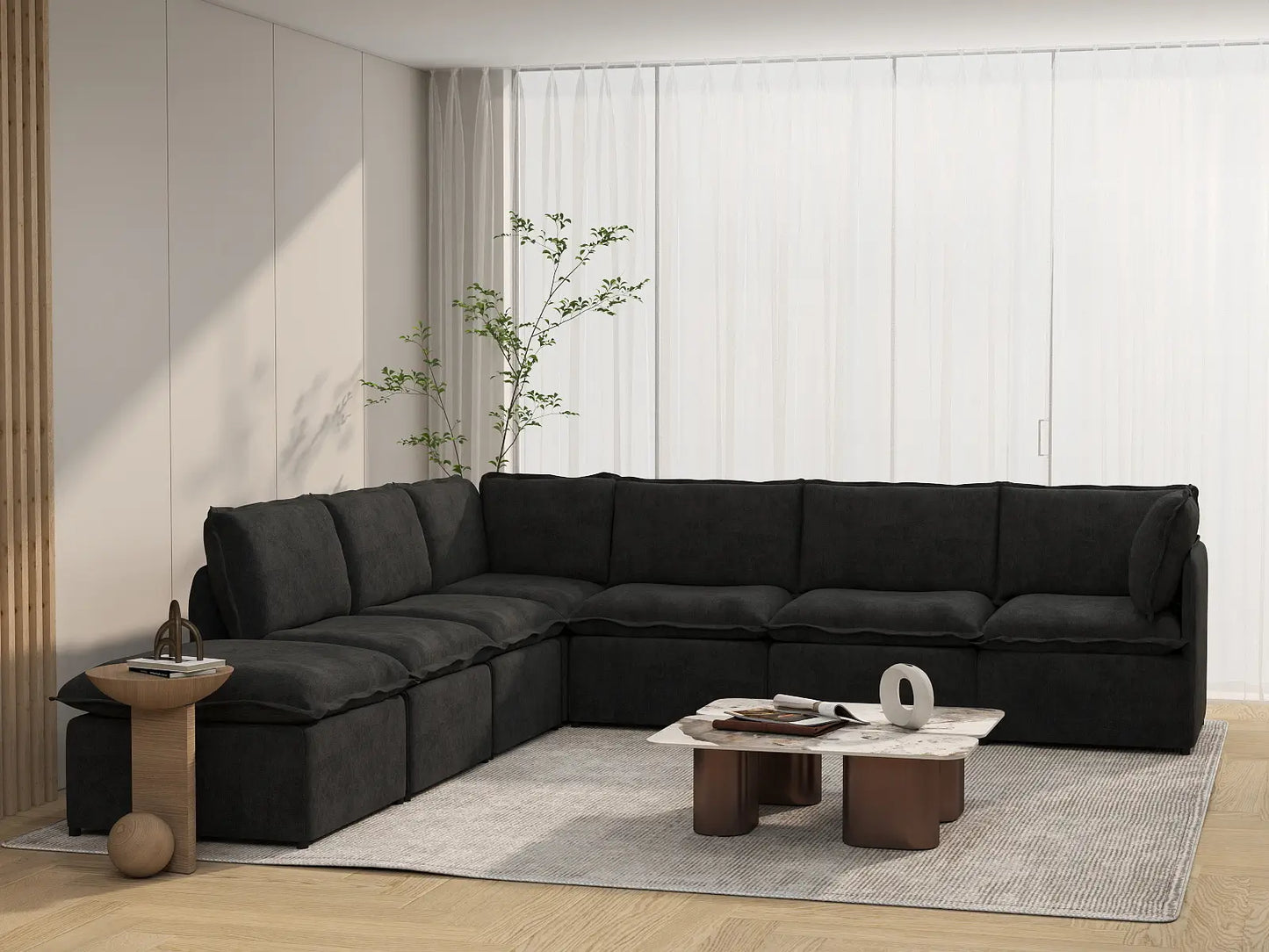 Deluxe Cloud 6-Seater Black V-Shaped Sectional | 7-Piece (Includes 1 Ottoman), Linen Look Poly Fabric, Washable Cushion Covers