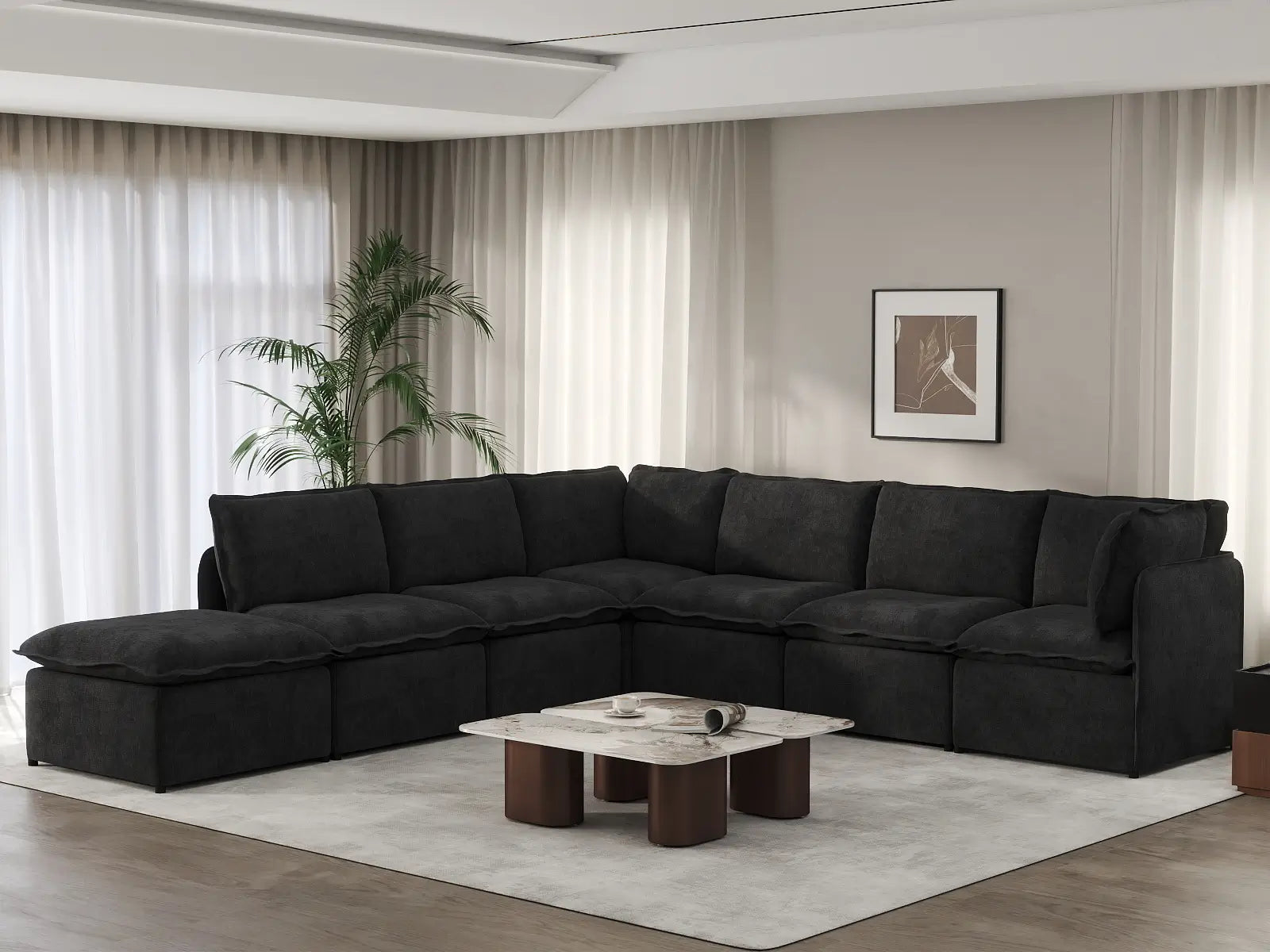 Deluxe Cloud 6-Seater Black V-Shaped Sectional | 7-Piece (Includes 1 Ottoman), Linen Look Poly Fabric, Washable Cushion Covers