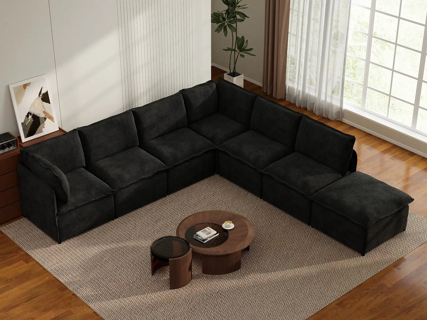 Deluxe Cloud 6-Seater Black V-Shaped Sectional | 7-Piece (Includes 1 Ottoman), Linen Look Poly Fabric, Washable Cushion Covers