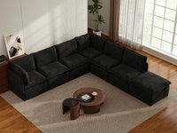 Deluxe Cloud 6-Seater Black V-Shaped Sectional | 7-Piece (Includes 1 Ottoman), Linen Look Poly Fabric, Washable Cushion Covers