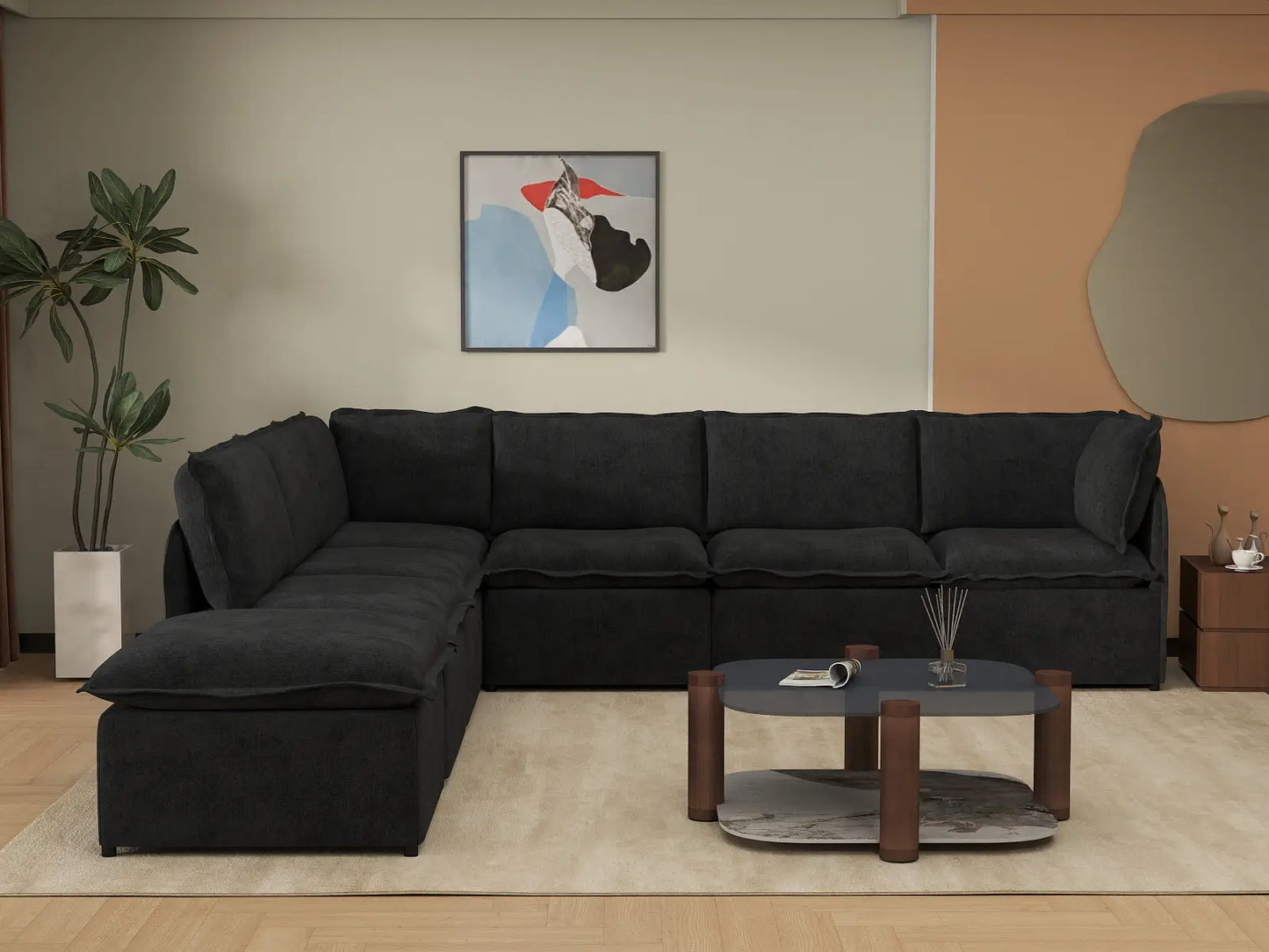 Deluxe Cloud 6-Seater Black V-Shaped Sectional | 7-Piece (Includes 1 Ottoman), Linen Look Poly Fabric, Washable Cushion Covers