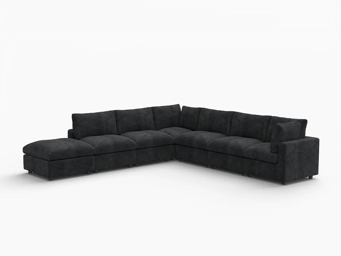 Seccional Deluxe Cloud en V de 6 plazas en negro | 7 piezas (incluye 1 otomana), tejido de chenilla de lino, fundas de cojín lavables
