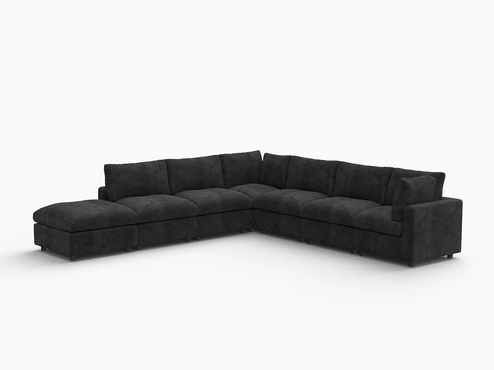 Seccional Deluxe Cloud en V de 6 plazas en negro | 7 piezas (incluye 1 otomana), tejido de chenilla de lino, fundas de cojín lavables