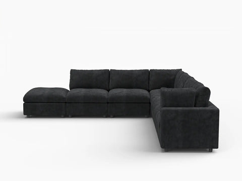 Lounge Cloud Sectional Sofa Covers | Black Linen-Blend Chenille Sofa Cover for 6-Seater with 1-Ottoman