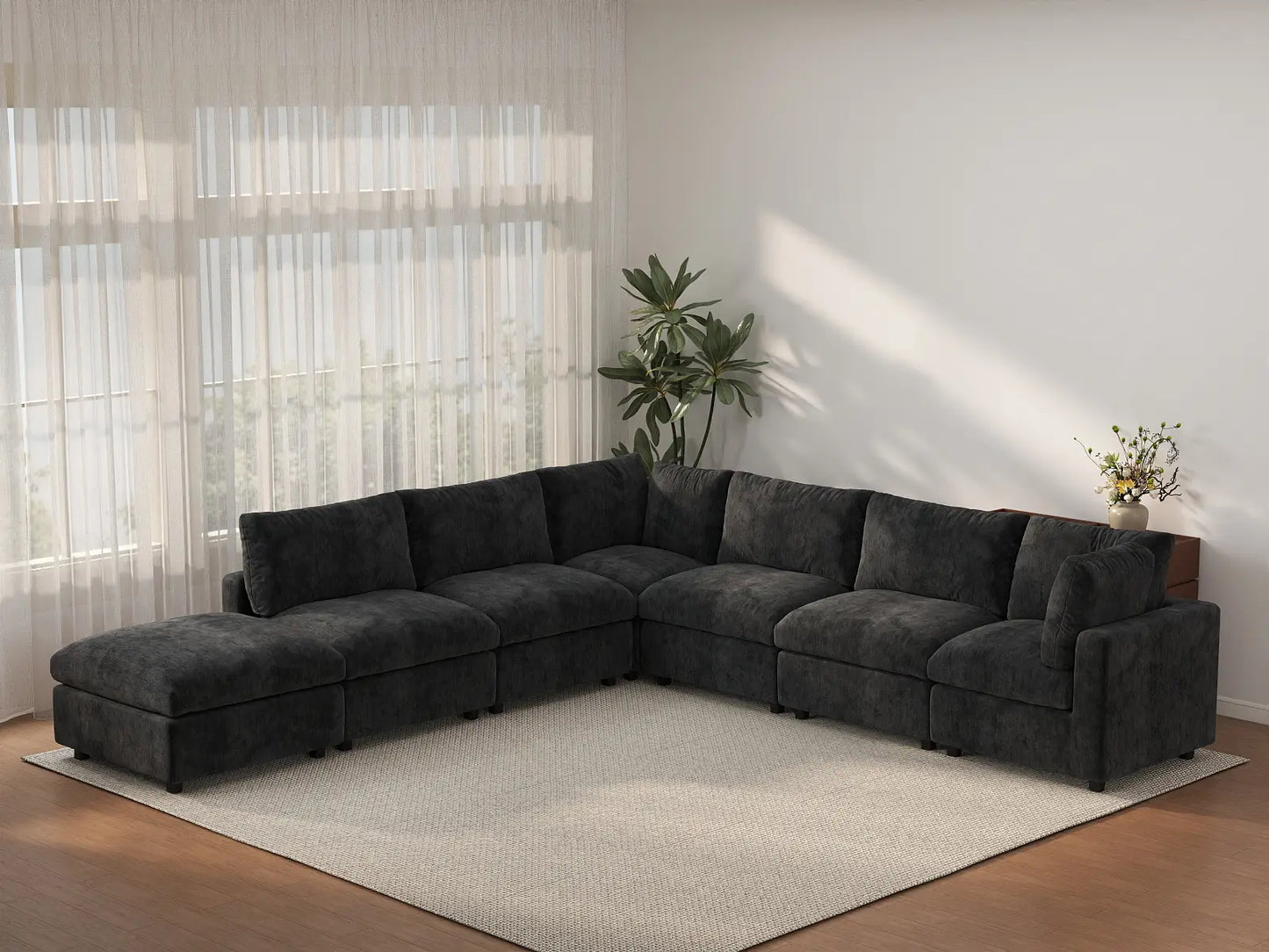 Seccional Deluxe Cloud en V de 6 plazas en negro | 7 piezas (incluye 1 otomana), tejido de chenilla de lino, fundas de cojín lavables