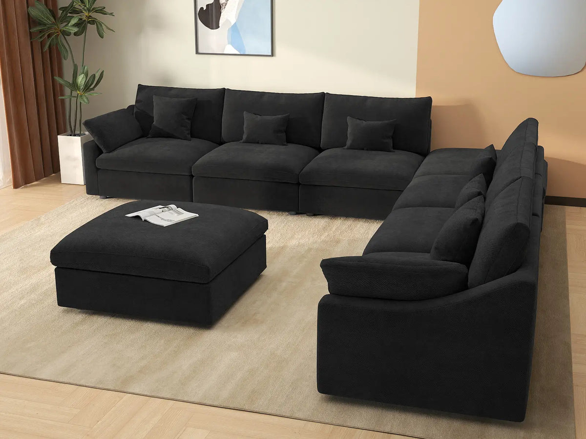 Fundas de sofá seccional Deluxe Slope Cloud | Funda de sofá de chenilla y lino negra para 6 plazas con 2 otomanas