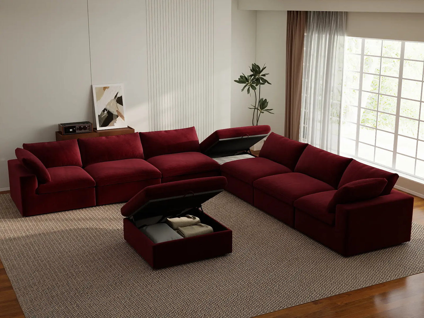 Deluxe Cloud 6-Seater Claret Sofa Set | 8-Piece (Includes 2 Ottomans), Velvet Fabric, Living Room, Washable Cushion Covers