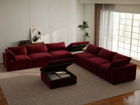 Deluxe Cloud 6-Seater Claret Sofa Set | 8-Piece (Includes 2 Ottomans), Velvet Fabric, Living Room, Washable Cushion Covers