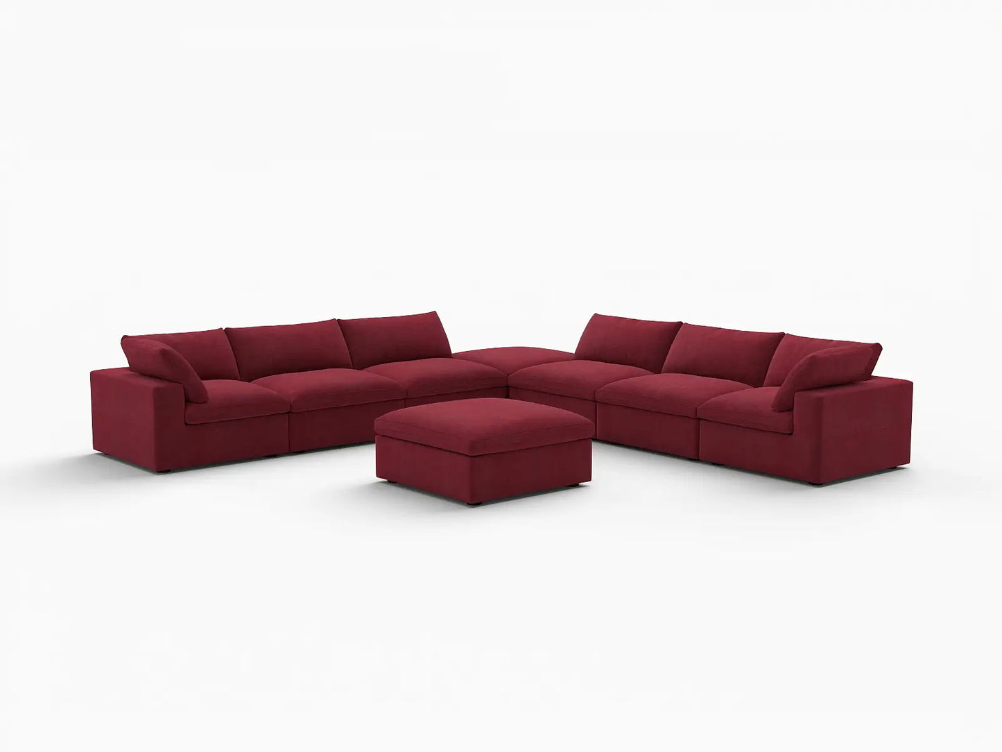 Deluxe Cloud 6-Seater Claret Sofa Set | 8-Piece (Includes 2 Ottomans), Velvet Fabric, Living Room, Washable Cushion Covers