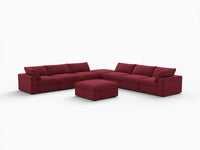Deluxe Cloud 6-Seater Claret Sofa Set | 8-Piece (Includes 2 Ottomans), Velvet Fabric, Living Room, Washable Cushion Covers