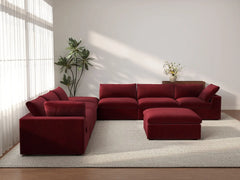 Deluxe Cloud 6-Seater Claret Sofa Set | 8-Piece (Includes 2 Ottomans), Velvet Fabric, Living Room, Washable Cushion Covers