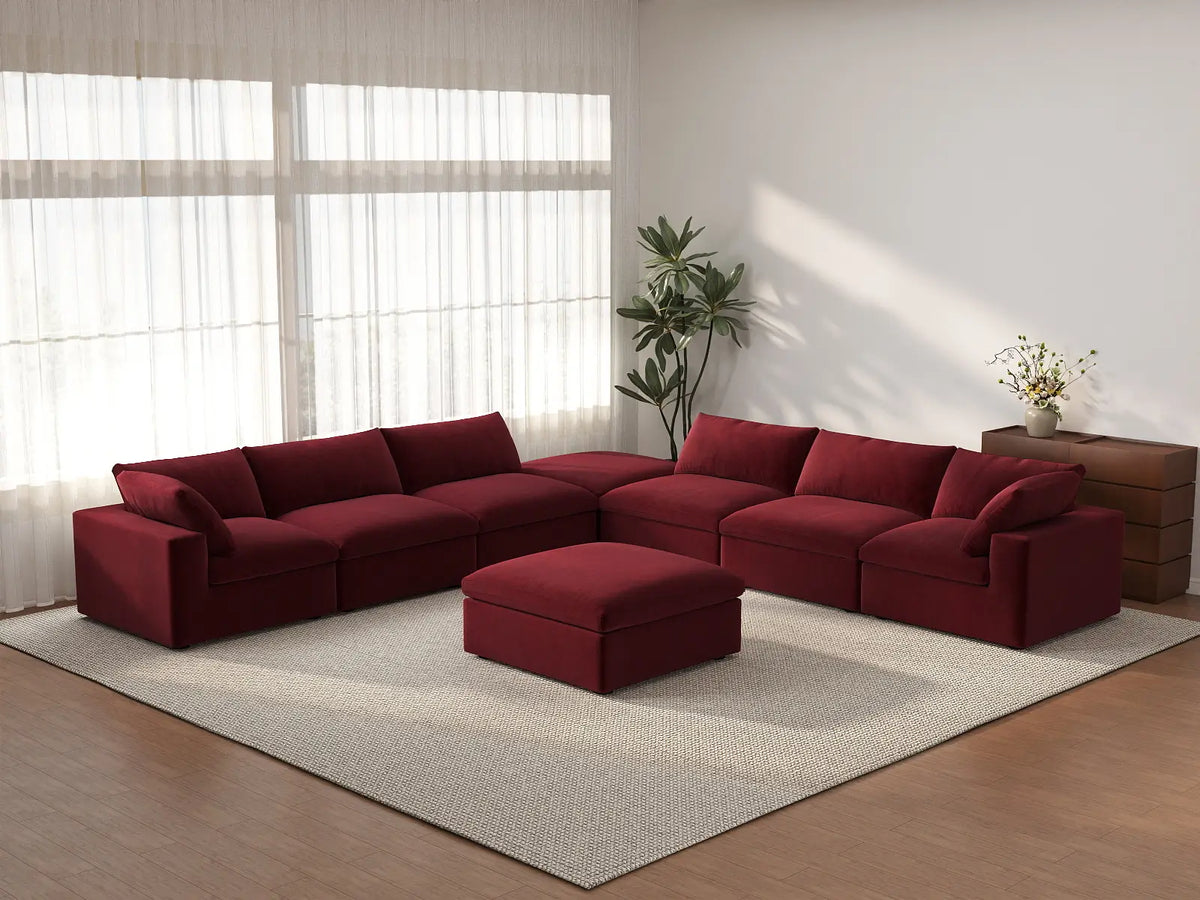 Deluxe Cloud 6-Seater Claret Sofa Set | 8-Piece (Includes 2 Ottomans), Velvet Fabric, Living Room, Washable Cushion Covers