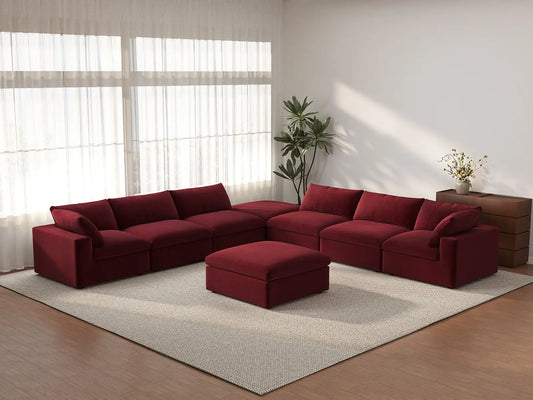 Deluxe Cloud 6-Seater Claret Sofa Set | 8-Piece (Includes 2 Ottomans), Velvet Fabric, Living Room, Washable Cushion Covers