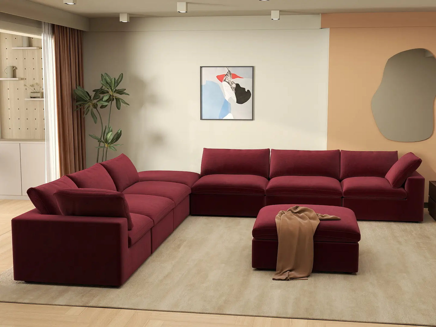 Deluxe Cloud 6-Seater Claret Sofa Set | 8-Piece (Includes 2 Ottomans), Velvet Fabric, Living Room, Washable Cushion Covers